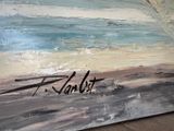 painting of a painting of a beach scene with a sky background