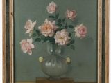 painting of pink roses in a glass vase on a wooden table
