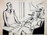drawing of a man sitting in a chair talking to a man in a suit