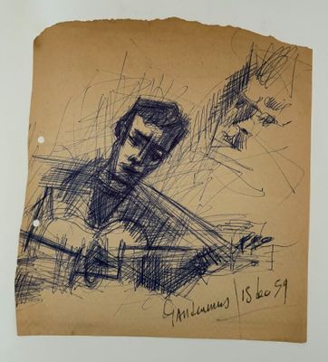 an old drawing of a man playing a guitar on a piece of paper