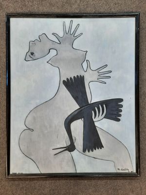 painting of a bird with a crown on it ' s head in a black and white frame