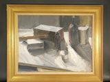 a painting of books on a table next to a vase