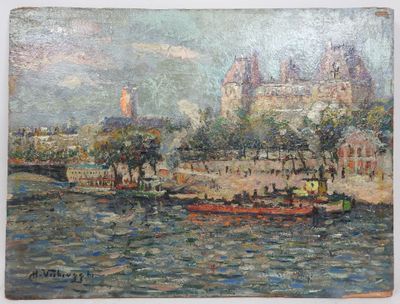 tableau représentant un paysage fluvial avec un bateau au premier plan