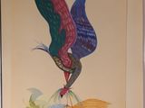 a picture of a painting of a bird that is on display