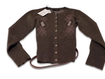 a picture of a brown cardigan sweater with a leather belt