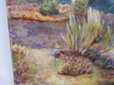 a painting of a desert scene with a cactus plant in the foreground