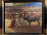 painting of a bullfight scene with a bull and a man in a red cape