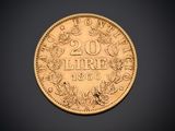 a close up of a gold coin with the number twenty on it
