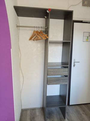 a closet with a shelf and a coat rack in it
