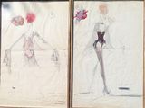 two framed drawings of a woman in a dress and a man in a hat