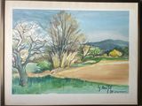 un tableau représentant un paysage avec des arbres au premier plan