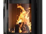 a black stove with a fire inside of it on a white background