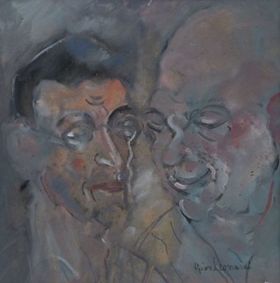 an oil painting of two men looking at each other in opposite directions