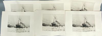 several black and white photographs of a boat in the water