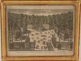 painting of a view of a park with a fountain and people in it