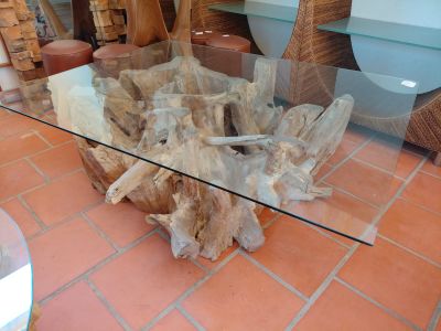 table basse racine rectangle avec plateau verre 140 110 50