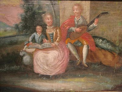 tableau représentant une famille avec une guitare et un chien dans un paysage