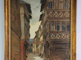 une peinture à l'huile représentant une scène de rue avec des bâtiments de chaque côté de la rue