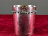 a silver cup on a red velvet surface
