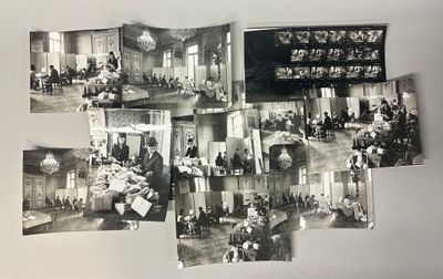 plusieurs photographies en noir et blanc représentant des personnes assises autour d'une table