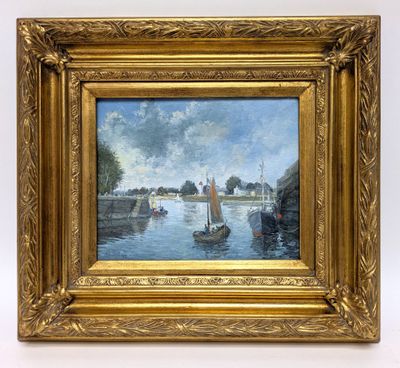 an oil painting of boats on a river with a bridge in the background