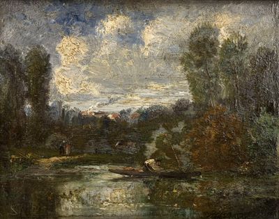 tableau représentant un paysage fluvial avec un bateau au premier plan et des arbres à l'arrière-plan