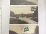 three pictures of people riding horses on a dirt road