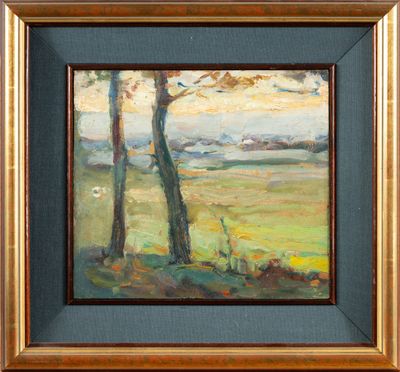 une peinture à l'huile représentant deux arbres dans un champ, avec le ciel en arrière-plan