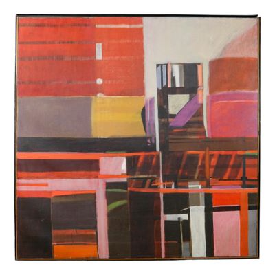 painting of an abstract city scene with red, yellow, and purple buildings