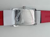 a red and white belt with a watch attached to it