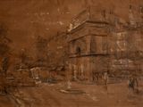 dessin représentant une scène de rue avec une calèche au premier plan