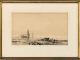 tableau représentant un voilier au loin et un bateau au premier plan