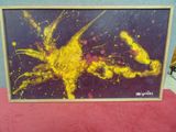 painting of yellow and purple paint splattered on a red surface