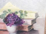 a painting of purple flowers in a white vase on a table