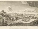 dessin représentant une vue d'une ville avec un château au loin