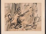 drawing of a man sitting in a chair in a room