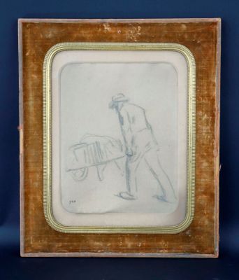 tableau représentant un homme tirant une charrette sur laquelle est représenté un cheval