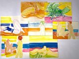 four different colored paintings of people on a white surface