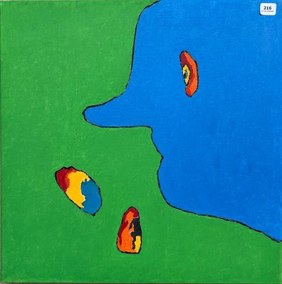 an image of a painting of a man ' s face with two fish in the water