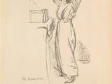 an old drawing of a woman with a hat on her head