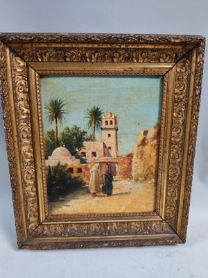 an old painting of a man and a woman in front of a building