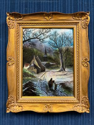 une peinture à l'huile représentant un homme et un chien dans un paysage enneigé