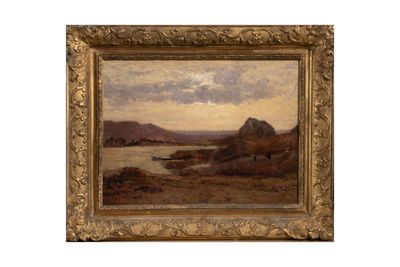 l'image d'un tableau représentant un paysage avec une rivière au premier plan