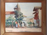 une peinture à l'huile représentant une scène de village avec une église en arrière-plan