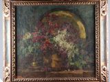 an oil painting of a vase of flowers in a gold frame