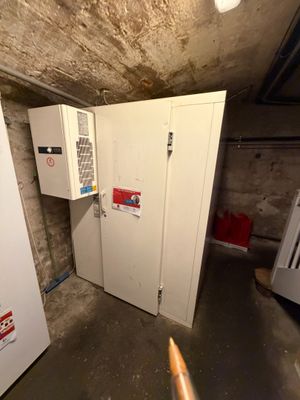 une photo d'une pièce avec un réfrigérateur et une borne d'incendie