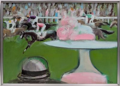 un tableau représentant une course de chevaux avec des jockeys en arrière-plan