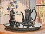 une peinture représentant une théière et deux tasses posées sur une table