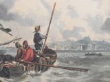 a painting of a group of people on a boat in the water