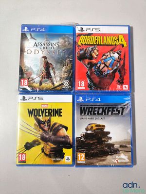 four video games are on a white surface with a white background